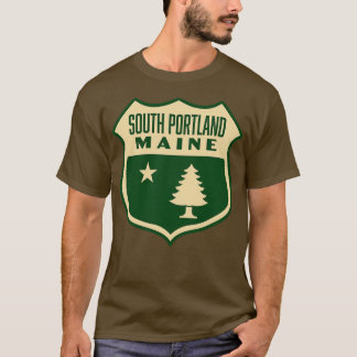 South Portland Maine Retro Pine Tree Shield Tan T-shirt