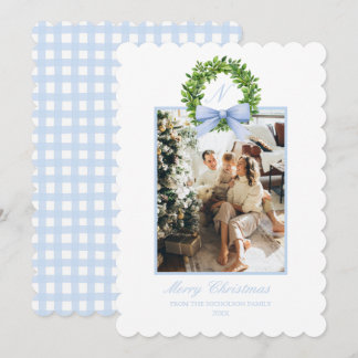 Southern Coastal Grandmillennial Blauw Gingham Feestdagenkaart