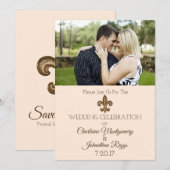 Southern Gold Fleur de Lis Photo Wedding Save The Date (Voorkant / Achterkant)