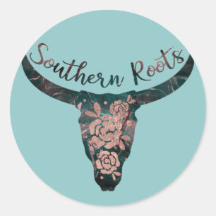 Southern Roots Country Longhorn Roze Roos & Groen Ronde Sticker