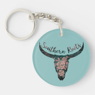 Southern Roots Country Longhorn Roze Roos & Groen Sleutelhanger