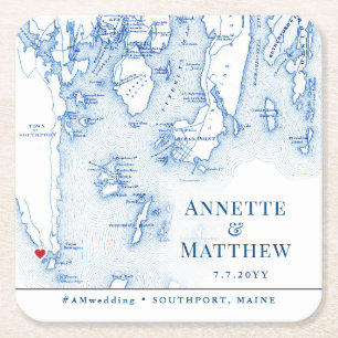 Southport Boothbay Maine Map Wedding Cocktail Hour Vierkante Kartonnen Onderzetter