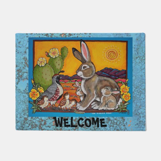 Southwest Animal Welcome Turquoise Quail Rabbit Deurmat (Voorkant)
