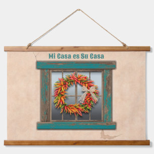 Southwest Chili Wreath on Rustic Blue Wood Window Hangend Wandkleed