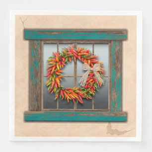 Southwest Chili Wreath on Rustic Blue Wood Window Servet