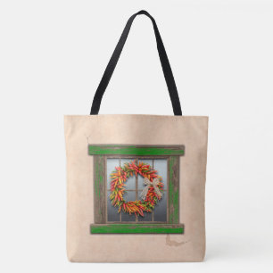 Southwest Chili Wreath on Rustic Green Wood Window Draagtas