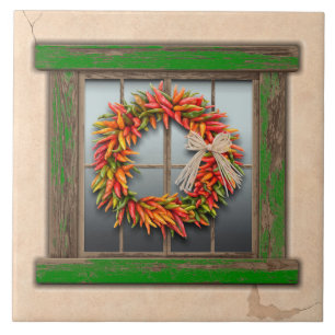 Southwest Chili Wreath on Rustic Green Wood Window Tegeltje