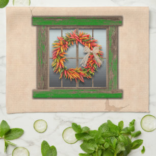 Southwest Chili Wreath on Rustic Green Wood Window Theedoek