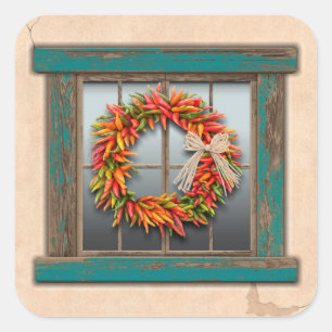 Southwest Chili Wreath on Rustic Wood Window Vierkante Sticker