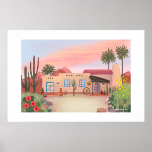 Southwest Desert Cactus Adobe House Grote Print