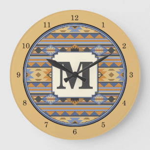 Southwest Design Gold Blue Grey Tribal Patroon Grote Klok