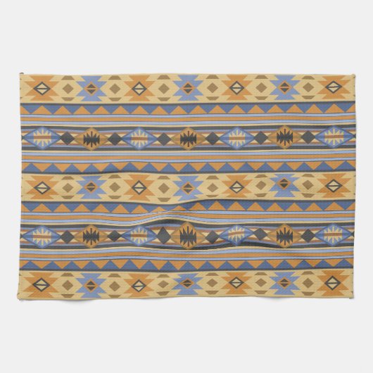 Southwest Design Gold Blue Grey Tribal Patroon Theedoek (Horizontaal)