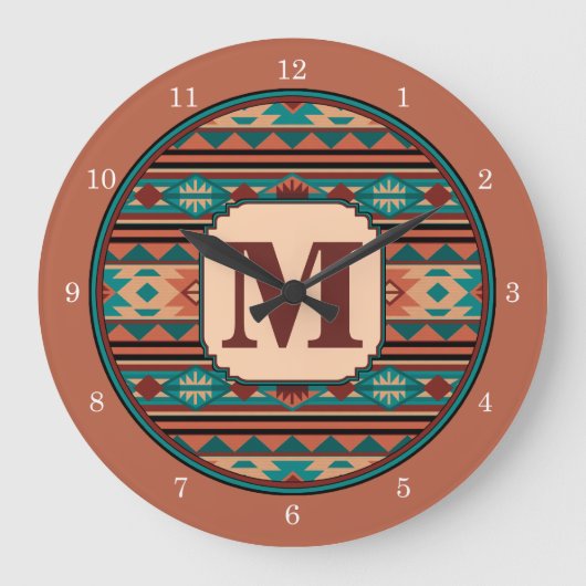 Southwest Design Turquoise Terracotta Monogram Grote Klok (Voorkant)