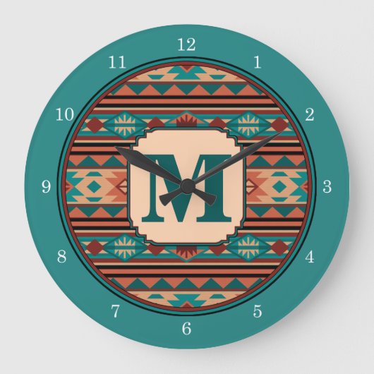 Southwest Design Turquoise Terracotta Monogram Grote Klok (Voorkant)