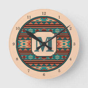 Southwest Design Turquoise Terracotta Monogram Ronde Klok