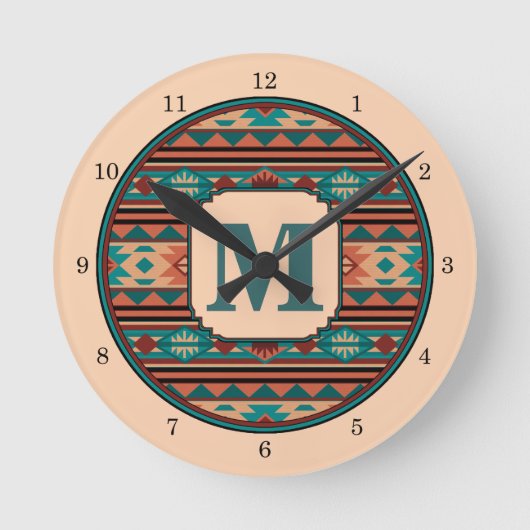 Southwest Design Turquoise Terracotta Monogram Ronde Klok (Voorkant)
