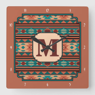 Southwest Design Turquoise Terracotta Monogram Vierkante Klok