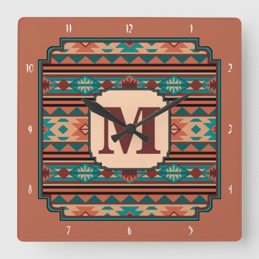 Southwest Design Turquoise Terracotta Monogram Vierkante Klok (Voorkant)