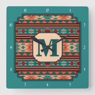 Southwest Design Turquoise Terracotta Monogram Vierkante Klok
