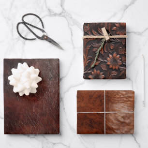 Southwest Faux Brown Leather Koeienhuid Floral Inpakpapier Vel