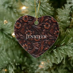 Southwest Faux Brown Leather Koeienhuid Flowers Na Keramisch Ornament