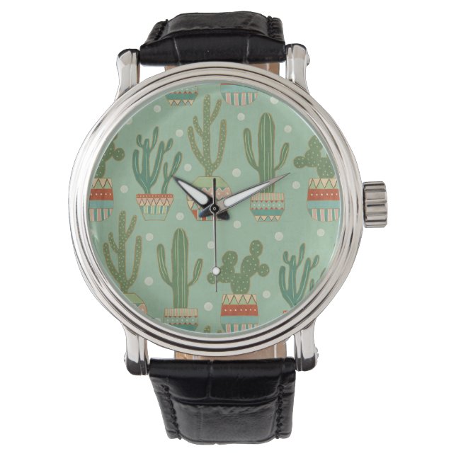 Southwest Geo Step | Potted Cactus Pattern Horloge (Voorkant)