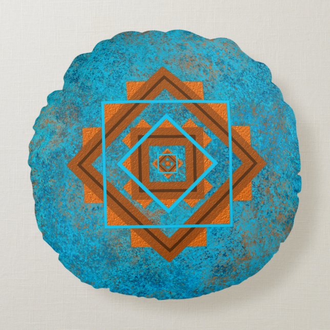 Southwest Mountain Peaks Turquoise Geometric Rond Kussen (Voorkant)