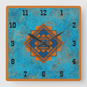 Southwest Mountain Peaks Turquoise Westerne Style  Vierkante Klok