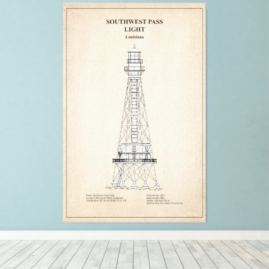 Southwest Pass Vuurtoren - Louisiana - SBD Canvas Afdruk (Insitu (Houten vloer))