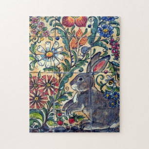 Southwest Rabbit Garden Tile Colorful Flowers Folk Legpuzzel