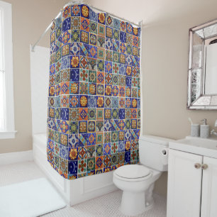 Southwest Style Talavera Tile Colorful Bathroom Douchegordijn