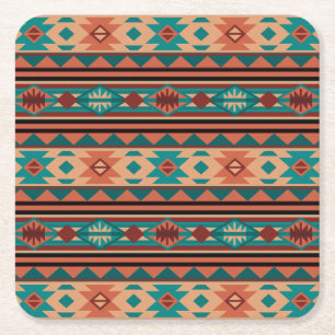 Southwest Tribal Pattern Turquoise Terracotta Vierkante Kartonnen Onderzetter