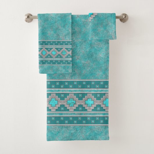 Southwest Turquoise Stone Geometric Pattern Bad Handdoek (Insitu)