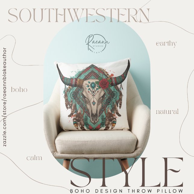 Southwestern Boho Design Bull Skull Throw Pillow Kussen (Creator heeft geüpload)