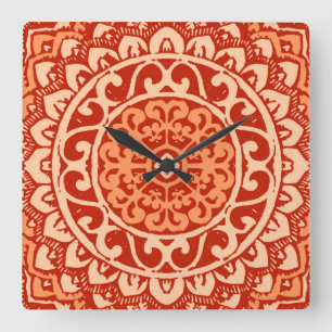 Southwestern Sun Mandala Batik, koraal Sinaasappel Vierkante Klok