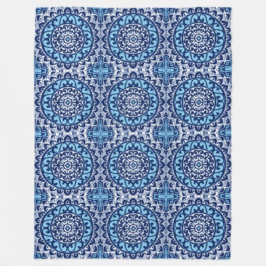 Southwestern Sun Mandala Batik, Navy Blue & White Fleece Deken (Voorkant)