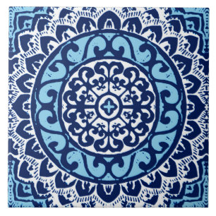 Southwestern Sun Mandala Batik, Navy Blue & White Tegeltje