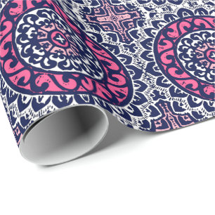 Southwestern Sun Mandala, Fuchsia, Navy & White Cadeaupapier