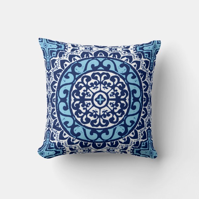 Southwestern Sun Mandala, Navy Blue & White Kussen (Voorkant)