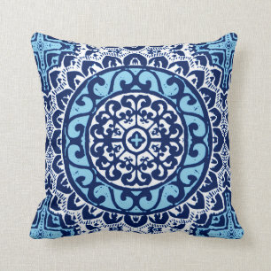 Southwestern Sun Mandala, Navy Blue & White Kussen