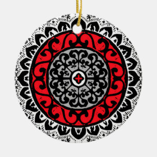 Southwestern Sun Mandala, Red, Black & White Keramisch Ornament