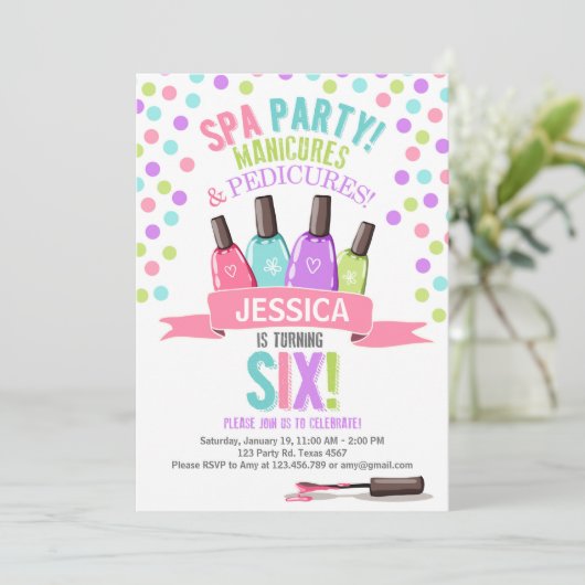 Spa Party Roze Paarse verjaardagsuitnodiging Zes Kaart (Staand voorkant)