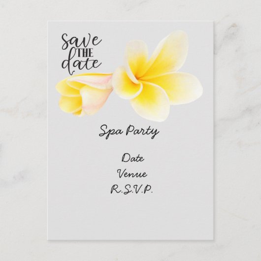 Spa party save the date with Plumeria Flower Briefkaart (Voorkant)