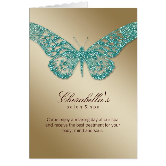 Spa Salon Brochure Card Butterfly Blauwgroen Gold (Voorkant)