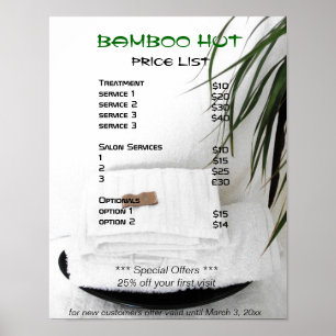 Spa Salon massagelijst prijzen Poster