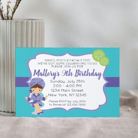 Spa violet Invitation d'anniversaire, brune