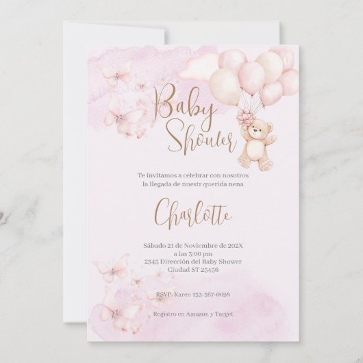 Spaans Baby shower Uitnodiging Roze Beer Meisje (Voorkant)