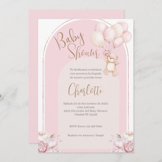 Spaans Baby shower Uitnodiging Roze Beer Meisje (Voorkant / Achterkant)