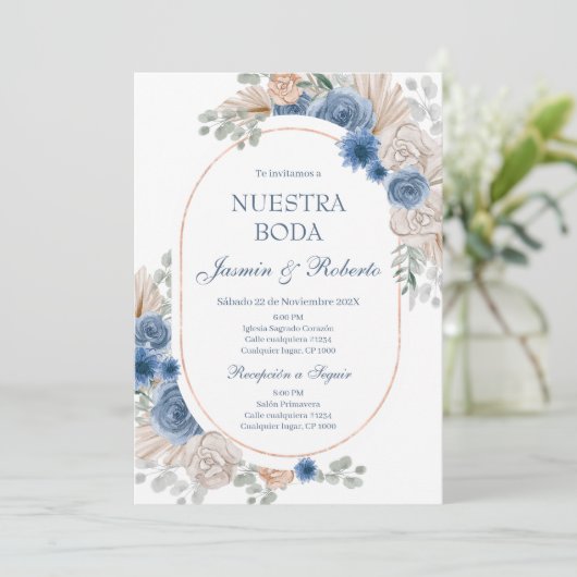 Spaans Blauw Bloemen Bruiloft Kaart (Staand voorkant)