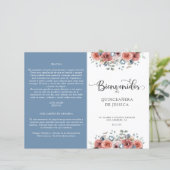 Spaans, blauw en blush Floral Quinceanera-programm (Staand voorkant)